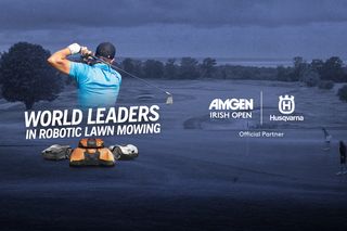 A golfer swinging on a course with Husqvarna robotic lawn mowers displayed and logos of Amgen Irish Open and Husqvarna as official partners.