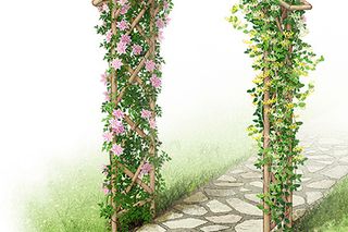 Garden archway covered with flowering vines over a stone pathway.
