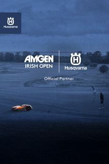 Husqvarna robotic lawn mower on a golf course, promoting partnership with Amgen Irish Open.