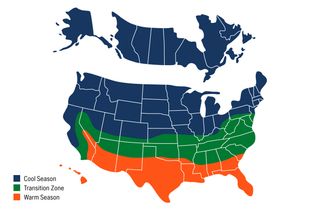 Map of the United States showing cool, transition, and warm season zones.
