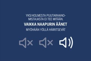 Suomenkielinen teksti, jossa kerrotaan, että joka kolmas puutarhuri ei tee mitään, vaikka naapurin melu häiritsee myöhään illalla, äänikuvakkeilla.
