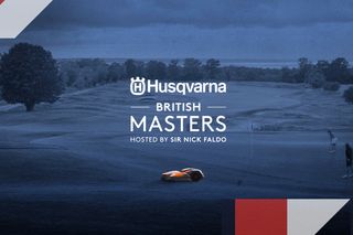 Golf course landscape with Husqvarna branding for British Masters, featuring a robotic lawn mower.