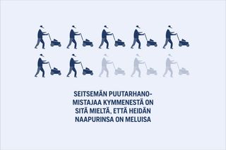 Kuva, jossa on seitsemän siluettia nurmikkoa leikkaavista ihmisistä, ja tekstissä todetaan, että seitsemän kymmenestä puutarhurista pitää naapureitaan meluisina.