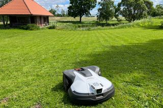 Husqvarna robotizētais zāles pļāvējs, kas strādā dārza zālienā pie mājas ar kokiem.