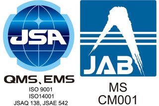 ISO 9001およびISO 14001規格のJSAおよびJAB認証のロゴを記載しています。