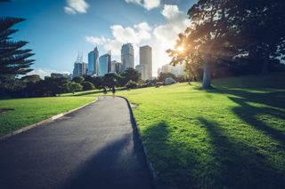 A scenic view of a park with a pathway leading towards a city skyline under a bright sky.