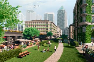 Urban park setting with people relaxing on grass and walking, surrounded by modern skyscrapers.