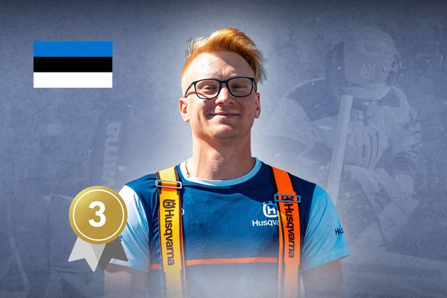 En person som bär arbetskläder med Husqvarnas varumärke och en estnisk flagga och texten "UTKAST".