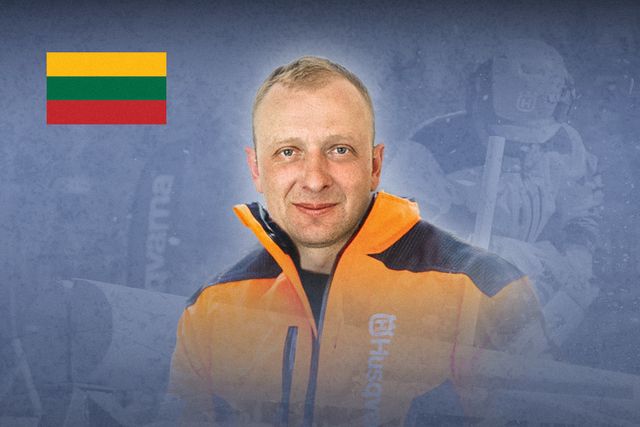 En person som bär arbetskläder från Husqvarna med litauisk flagga och texten "UTKAST".