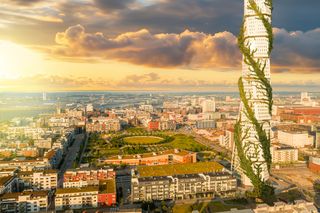 Luchtfoto van een stadsgezicht met een hoge, uniek ontworpen wolkenkrabber versierd met groen.