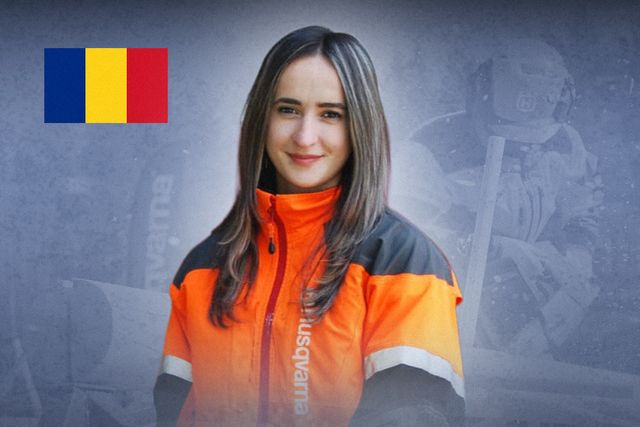 Person som bär arbetskläder från Husqvarna med suddigt ansikte och dragöverdrag.