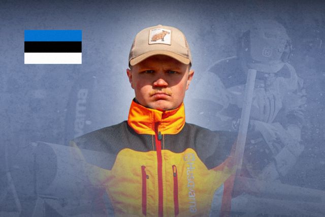 Person som bär arbetskläder från Husqvarna med estnisk flagga.