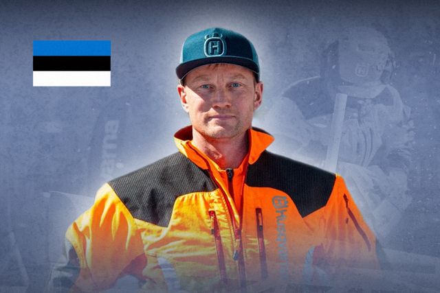 Person som bär arbetskläder och keps med Husqvarnas varumärke, med estnisk flagga och "DRAFT"-överdrag.