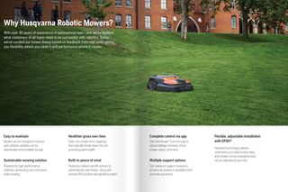 A robotic lawn mower operating on a grassy slope near a brick building, with text highlighting features of Husqvarna robotic mowers.