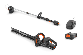 Studio image showing a Husqvarna hedge trimmer, battery, and charger.