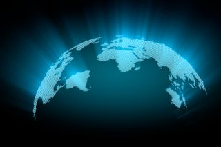 Decorative element depicting a stylized digital globe with glowing blue light.