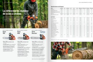 Catalog spread: Husqvarna chainsaws in use; Series 100, 400, Rancher with French spec table.