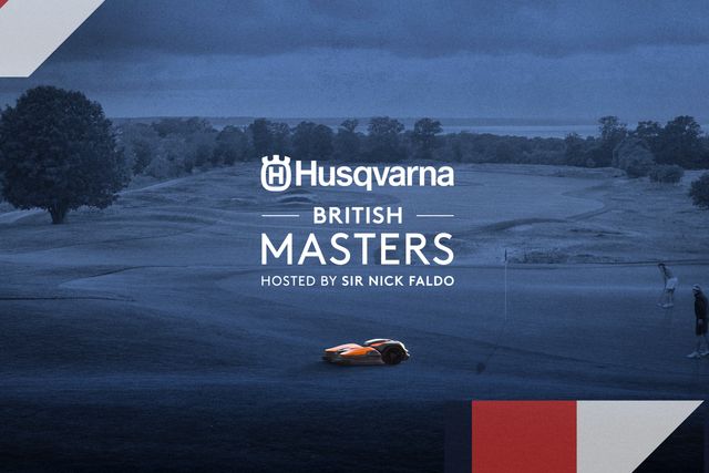 Promotional graphic for the British Masters with a robotic lawn mower on a golf course.