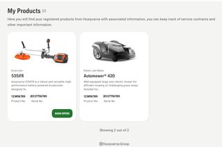 Skärmbild av en webbsida med registrerade Husqvarna-produkter: en röjsåg och en robotgräsklippare med produktinformation.