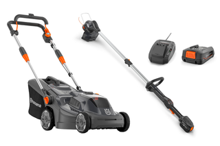 Side view of a Husqvarna battery-powered lawn mower, trimmer, battery, and charger.
