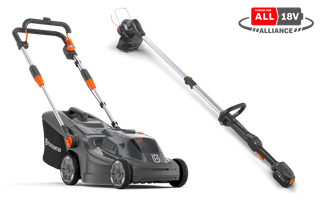 Side view of a Husqvarna battery-powered lawn mower and a telescopic handle attachment.