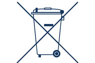 Symbol eines durchgestrichenen Mülleimers auf Rädern, der anzeigt, dass er nicht über den normalen Abfall entsorgt werden darf.