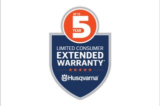 Badge displaying Husqvarna's 5-year limited consumer extended warranty.