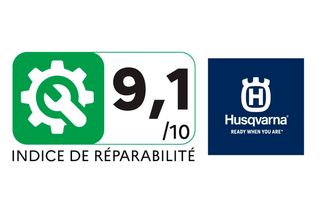 Le logo Husqvarna et un indice de réparabilité de 9,1 sur 10.