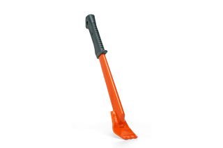 Front view of a garden tool with a long handle and a flat, angled end.