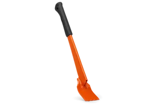 Side view of a garden tool with a long handle and a flat, angled blade.