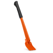 Side view of a garden tool with a long handle and a flat, angled blade.