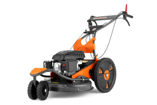 Seitenansicht eines handgeführten Husqvarna Rasenmähers mit großen Hinterrädern.