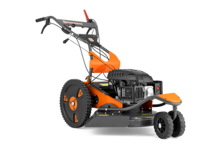 Seitenansicht eines kommerziellen Husqvarna Frontmähers mit Mähdeck.