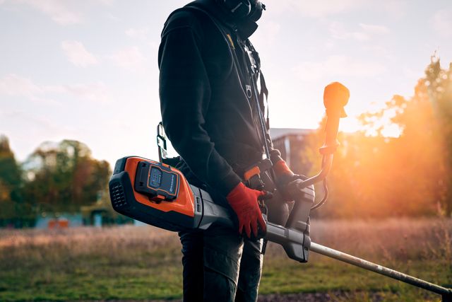 En person som håller en Husqvarna-produkt på ett fält under solnedgången.