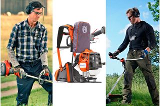 Due persone che utilizzano trimmer in ambienti esterni e un soffiatore a zaino Husqvarna in mostra in uno studio.