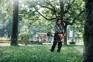 A person using a string trimmer to cut grass in a park setting.