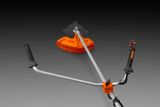 Front view of a brush cutter with ergonomic handle and controls.