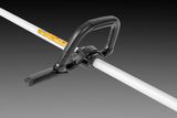 Side view of a handle attachment on a garden tool shaft.