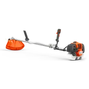 Vedere laterală a unei motocoasele Husqvarna cu mâner ergonomic și rezervor de combustibil.