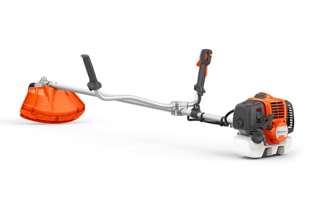 Widok z boku wykaszarki Husqvarna z ergonomicznym uchwytem i zbiornikiem paliwa.