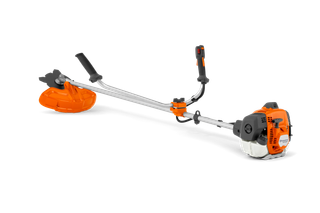Side view of a brush cutter with ergonomic handle and visible engine compartment.