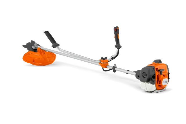 Side view of a brush cutter with ergonomic handle and visible engine compartment.