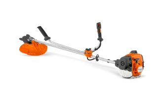 Side view of a brush cutter with ergonomic handle and visible engine compartment.
