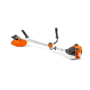 Side view of a brush cutter with ergonomic handle and visible engine compartment.