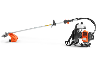 Side view of a Husqvarna brushcutter with a backpack harness.