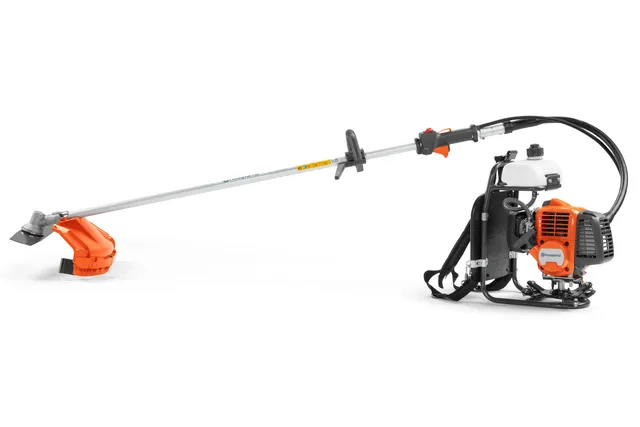 HUSQVARNA 331RB. Side view of a Husqvarna brushcutter with a backpack harness.