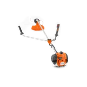 Side view of a Husqvarna brush cutter with ergonomic handle and cutting head.