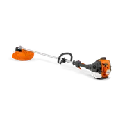 Seitenansicht eines Fadentrimmers mit sichtbarem Motor und Schneidkopf.