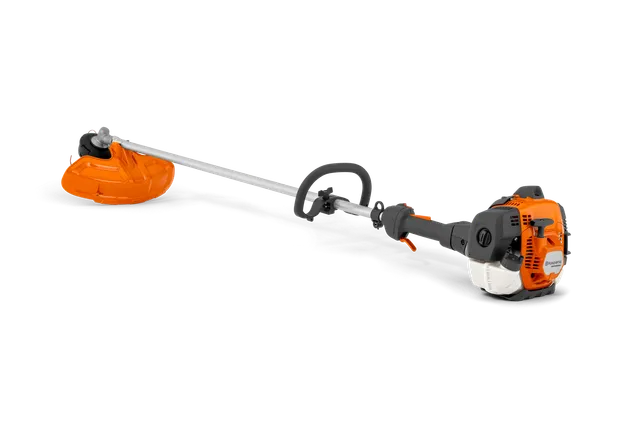 Seitenansicht eines Fadentrimmers mit sichtbarem Motor und Schneidkopf.