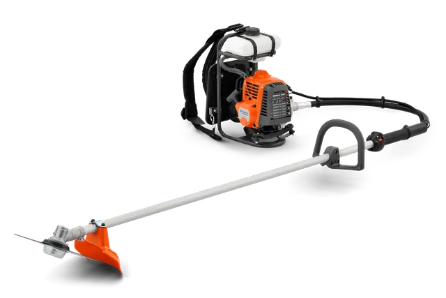 Side view of a backpack brush cutter with ergonomic handle and shoulder straps.